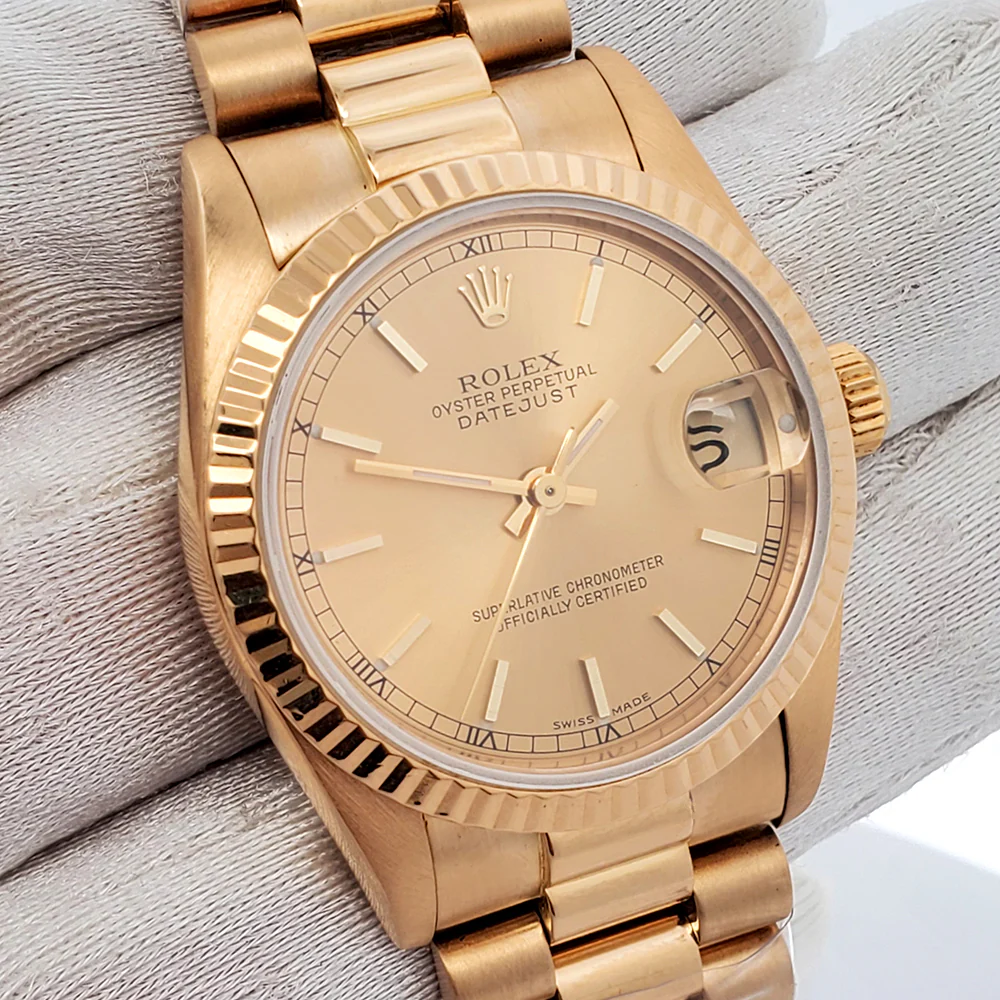 Rolex President Datejust 31mm Champagne Stick Dial Yellow Gold Watch 68278 Box Papers - Image 2