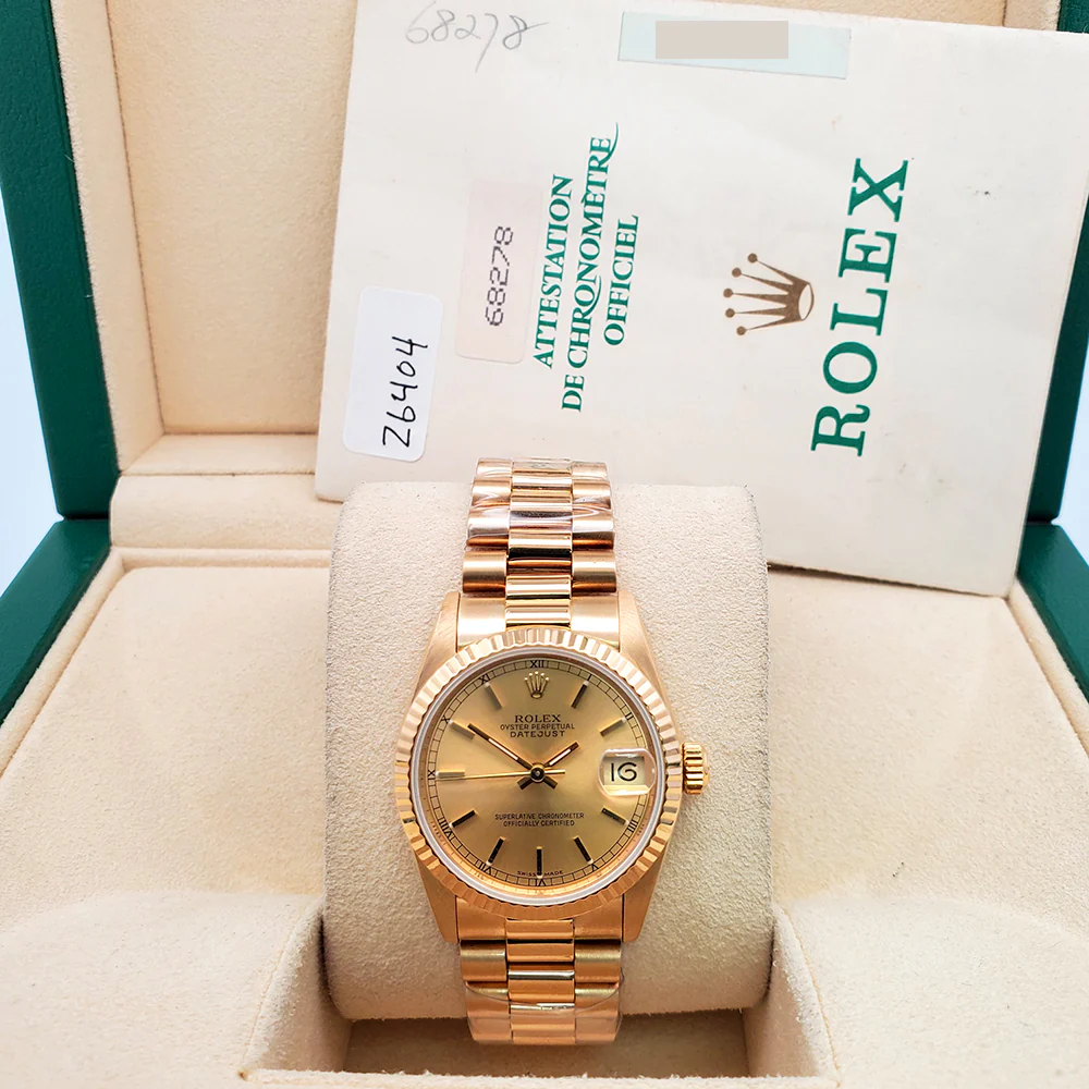 Rolex President Datejust 31mm Champagne Stick Dial Yellow Gold Watch 68278 Box Papers - Image 3