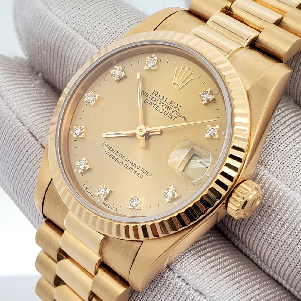 Rolex President Datejust 31mm Factory Champagne Diamond Dial Yellow Gold 68278 Watch Box Papers