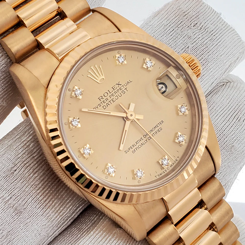 Rolex President Datejust 31mm Factory Champagne Diamond Yellow Gold midsize Watch 68278 Box Papers - Image 3