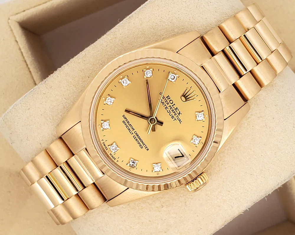 Rolex President Datejust 31mm Factory Champagne Diamond Yellow Gold Watch 68278