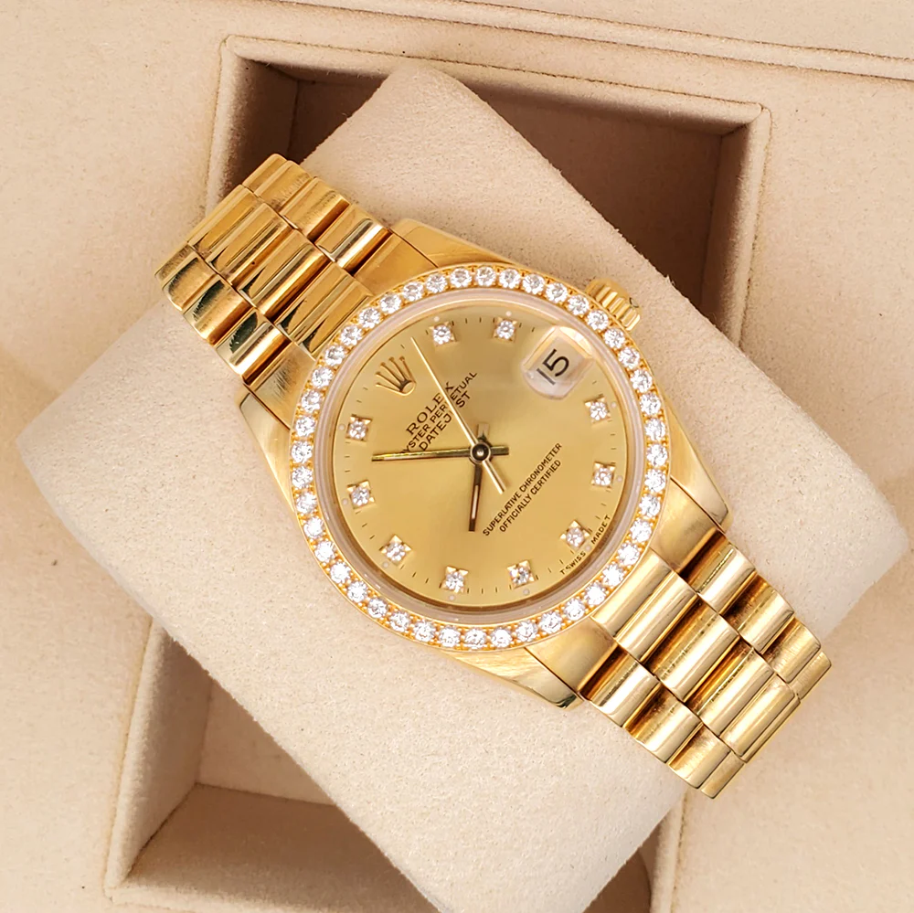 Rolex President Datejust 31mm Yellow Gold Factory Champagne Diamond Dial/Bezel Watch 68288 - Image 3