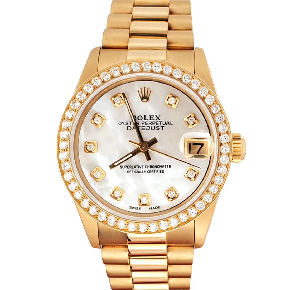 Rolex President Datejust 31mm Yellow Gold Watch 0.95ct Diamond Bezel/White MOP