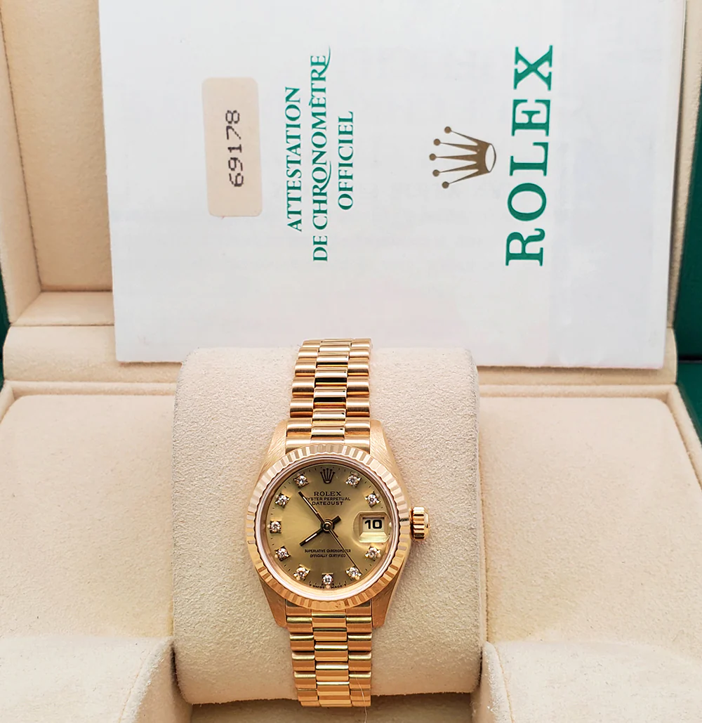 Rolex President Datejust 69178 26mm Champagne Diamond Dial Yellow Gold Watch Box Papers - Image 3