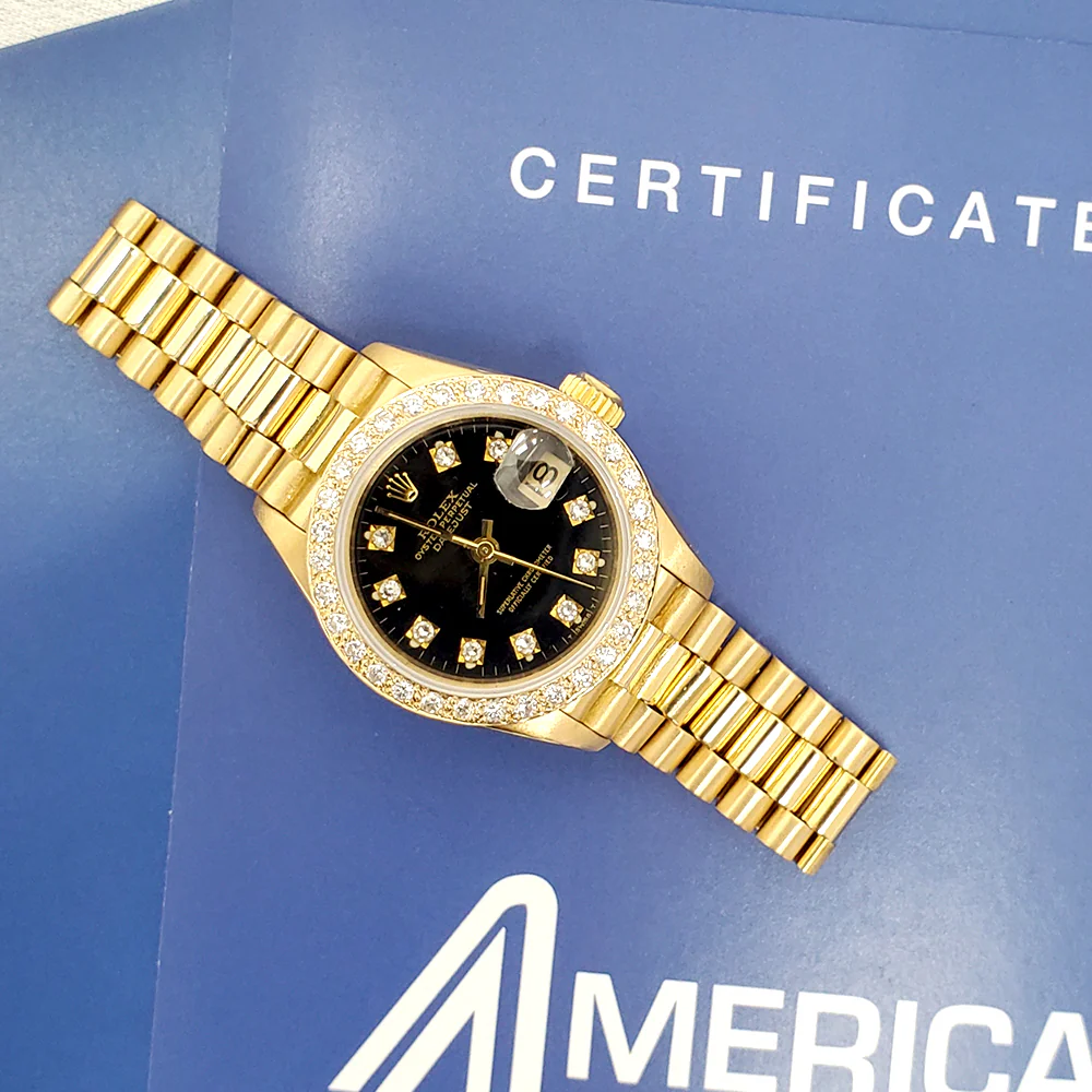 Rolex President Datejust 69178 Factory Black Diamond Dial/Custom Bezel Yellow Gold 26mm Watch - Image 3