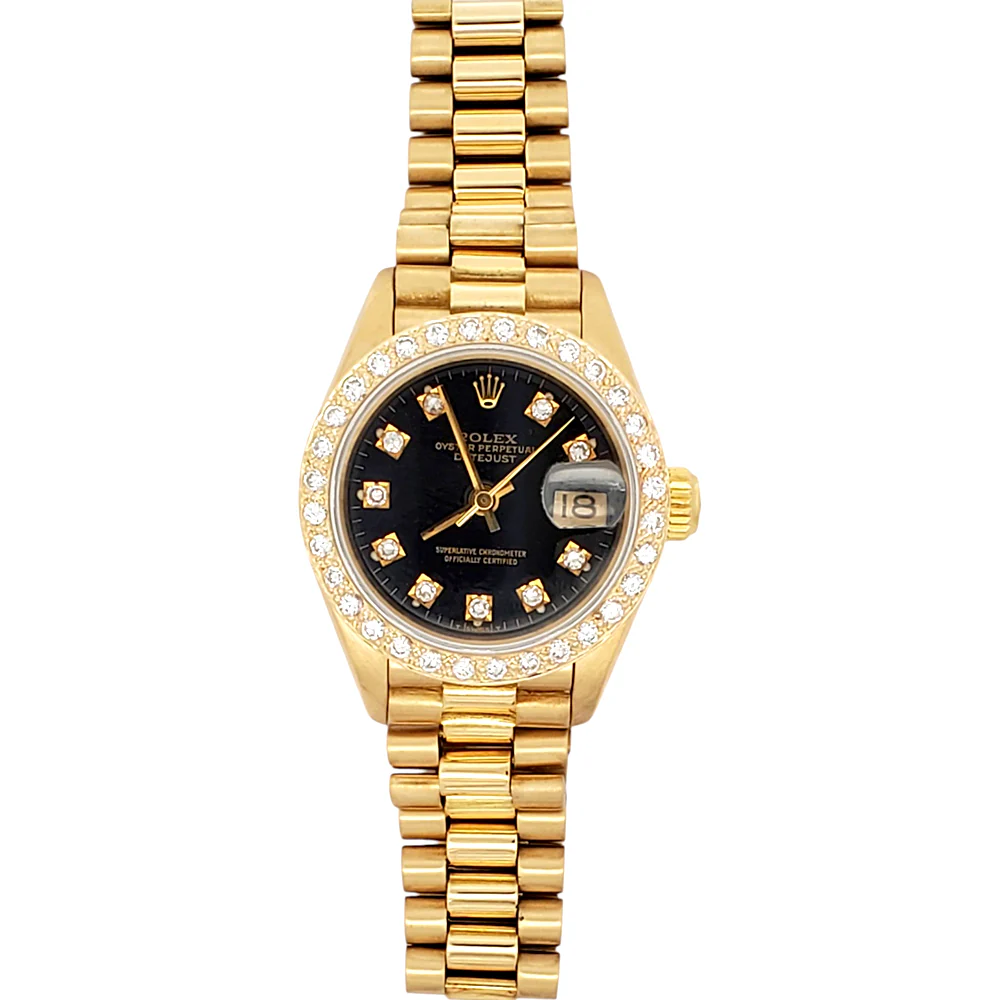 Rolex President Datejust 69178 Factory Black Diamond Dial/Custom Bezel Yellow Gold 26mm Watch - Image 4