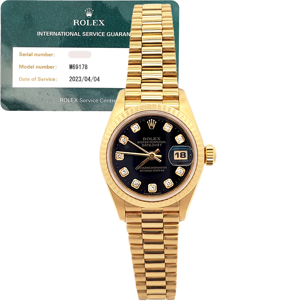Rolex President Datejust 69178 Factory Black Diamond Dial Yellow Gold 26mm Watch Box Service Papers - Image 4