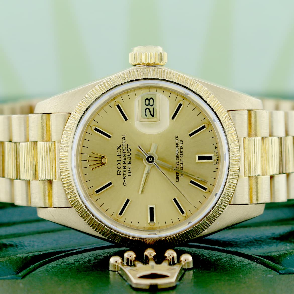 Rolex President Datejust Ladies 18K Yellow Gold 26MM Champagne Stick Dial Automatic Bark Finish Watch - Image 2