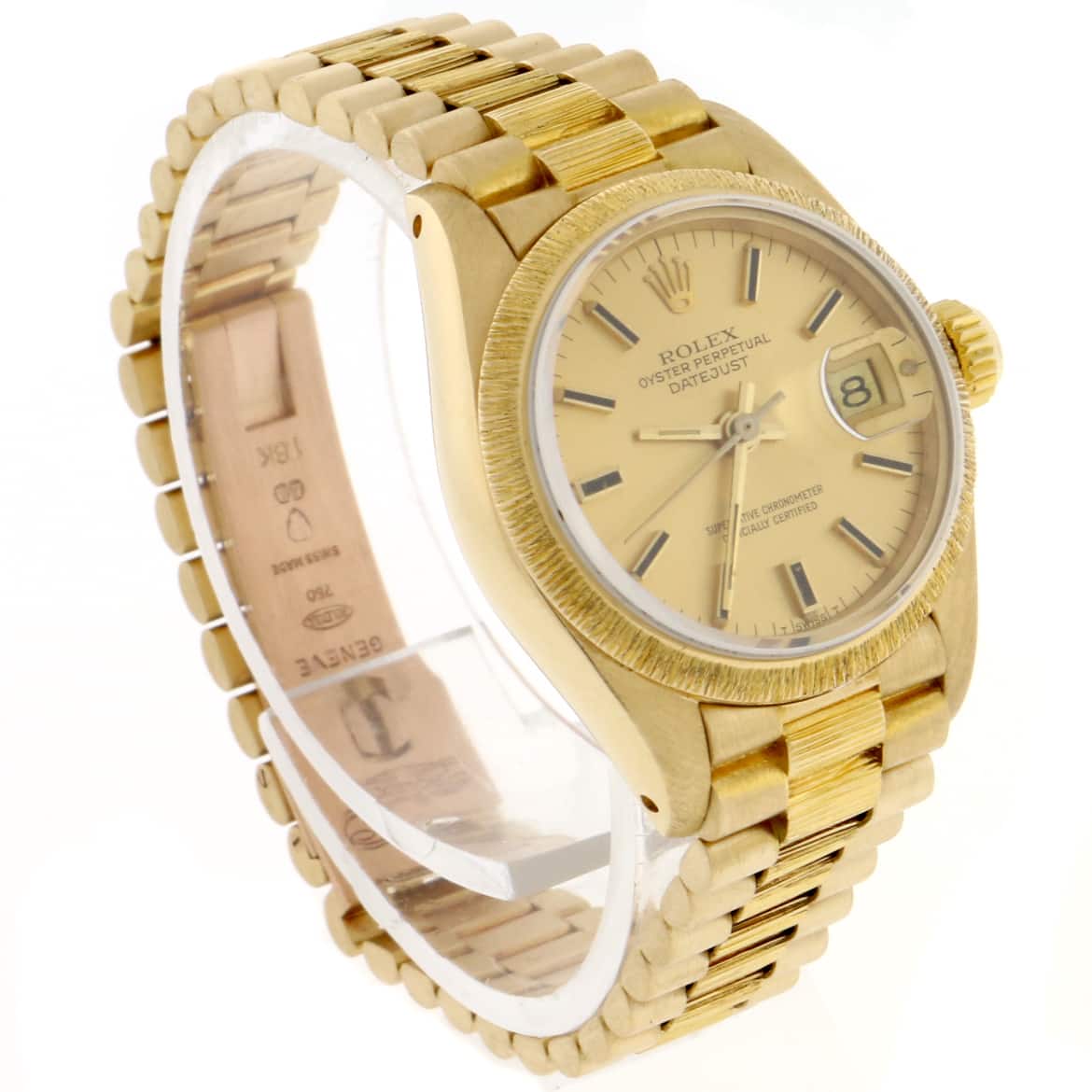 Rolex President Datejust Ladies 18K Yellow Gold 26MM Champagne Stick Dial Automatic Bark Finish Watch - Image 3