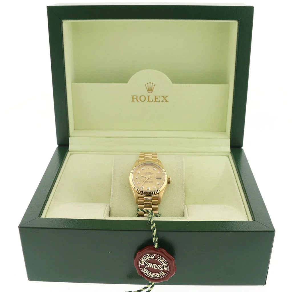 Rolex President Datejust Ladies 18K Yellow Gold 26MM Original Champagne Diamond Dial Automatic Watch 69178 - Image 3