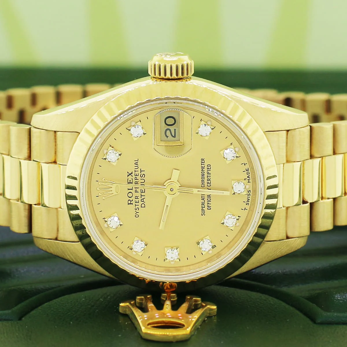 Rolex President Datejust Ladies 18K Yellow Gold 26MM Original Champagne Diamond Dial Automatic Watch 69178 w/ Box Papers - Image 2