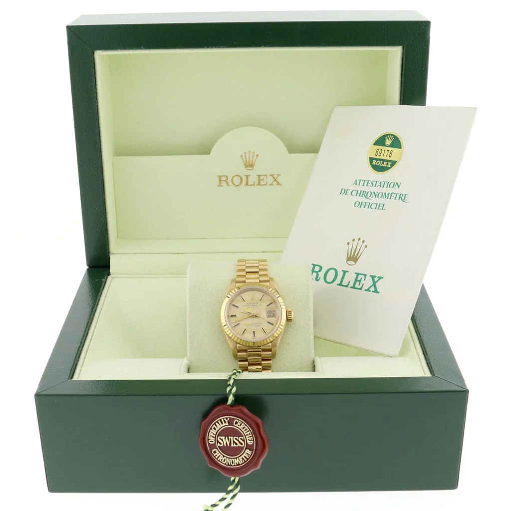 Rolex President Datejust Ladies 18K Yellow Gold 26MM Original Champagne Index Dial Automatic Watch 69178 - Image 3