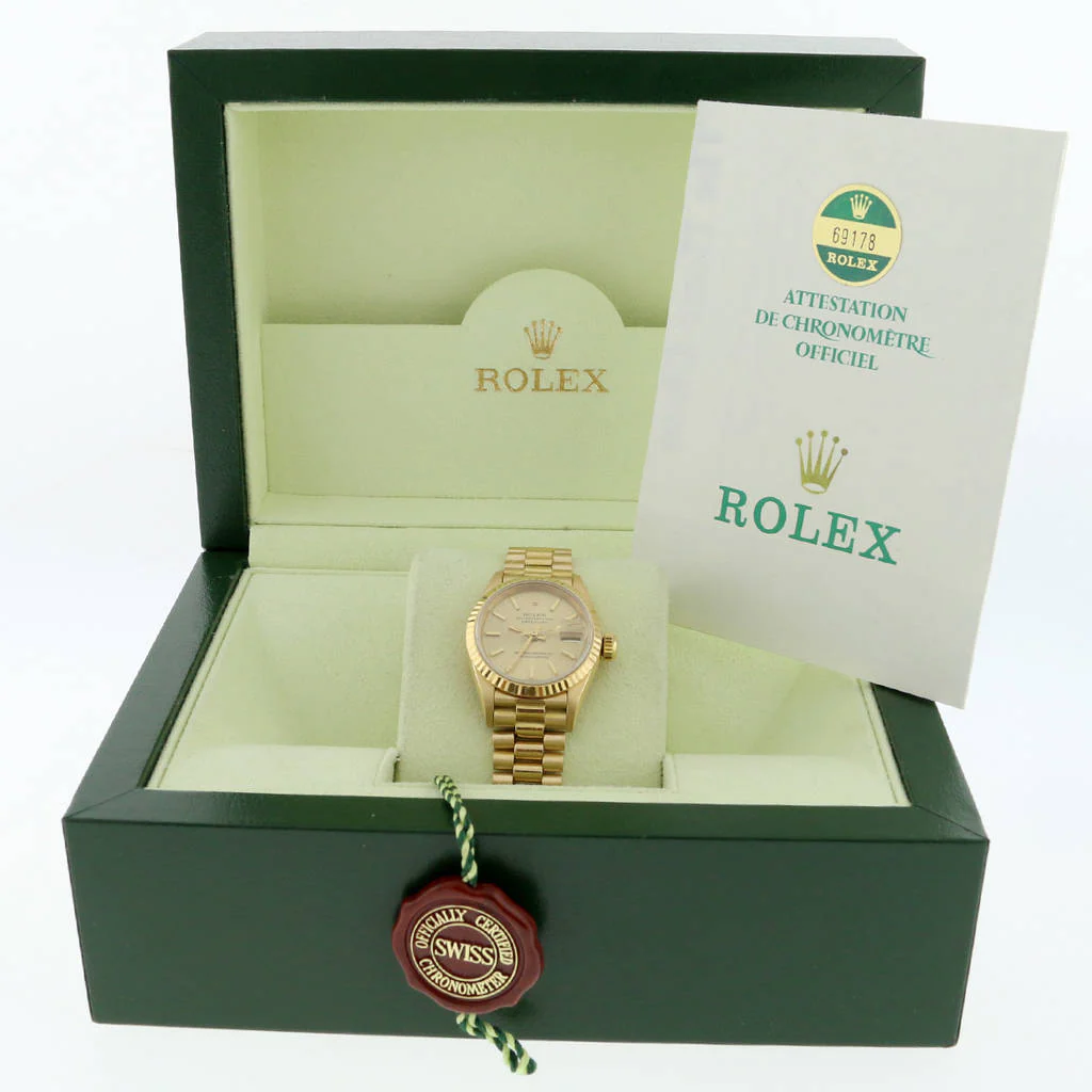 Rolex President Datejust Ladies 18K Yellow Gold 26MM Original Champagne Index Dial Automatic Watch 69178 - Image 3