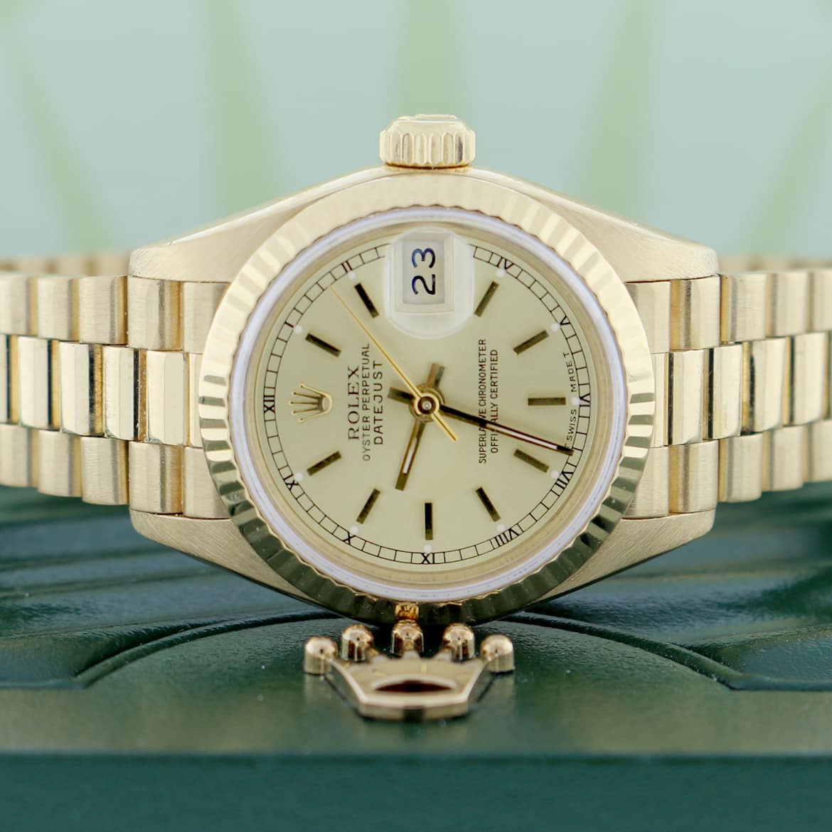 Rolex President Datejust Ladies 18K Yellow Gold 26MM Original Champagne Stick Dial Automatic Watch 69178 - Image 2