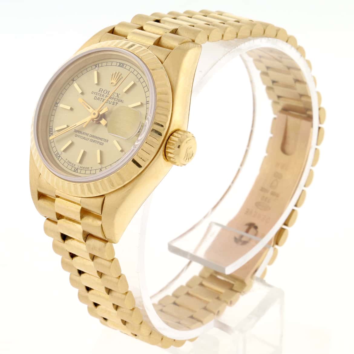 Rolex President Datejust Ladies 18K Yellow Gold 26MM Original Champagne Stick Dial Automatic Watch 69178 - Image 5