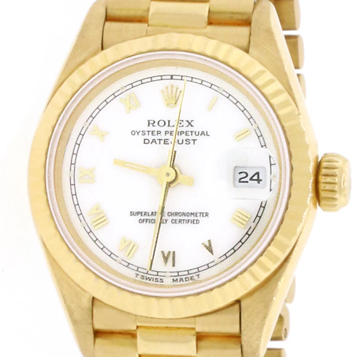 Rolex President Datejust Ladies 18K Yellow Gold 26MM Original White Roman Dial Automatic Watch 69178 - Image 4