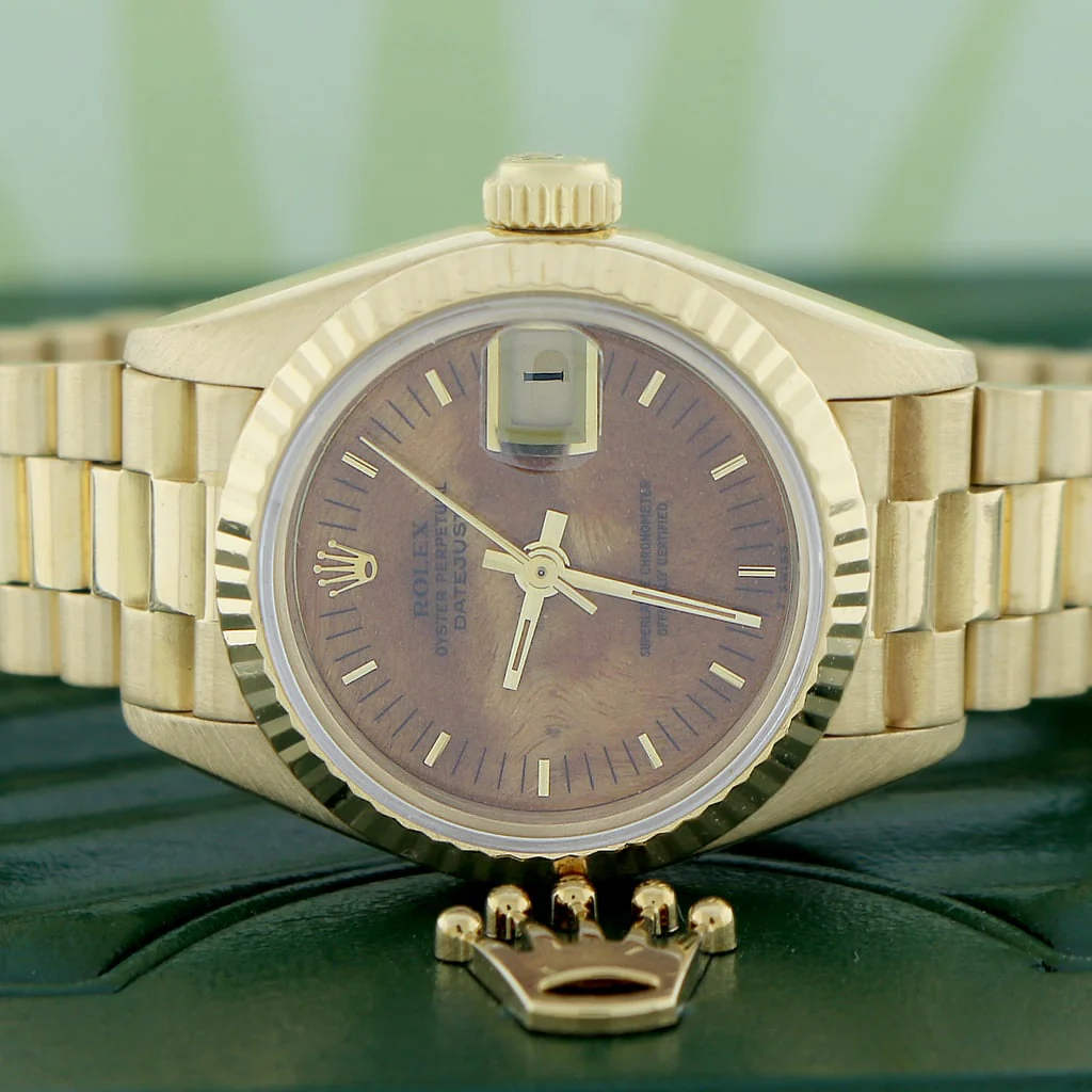 Rolex President Datejust Ladies 18K Yellow Gold 26MM Original Wooden Dial Automatic Watch 69178 - Image 2