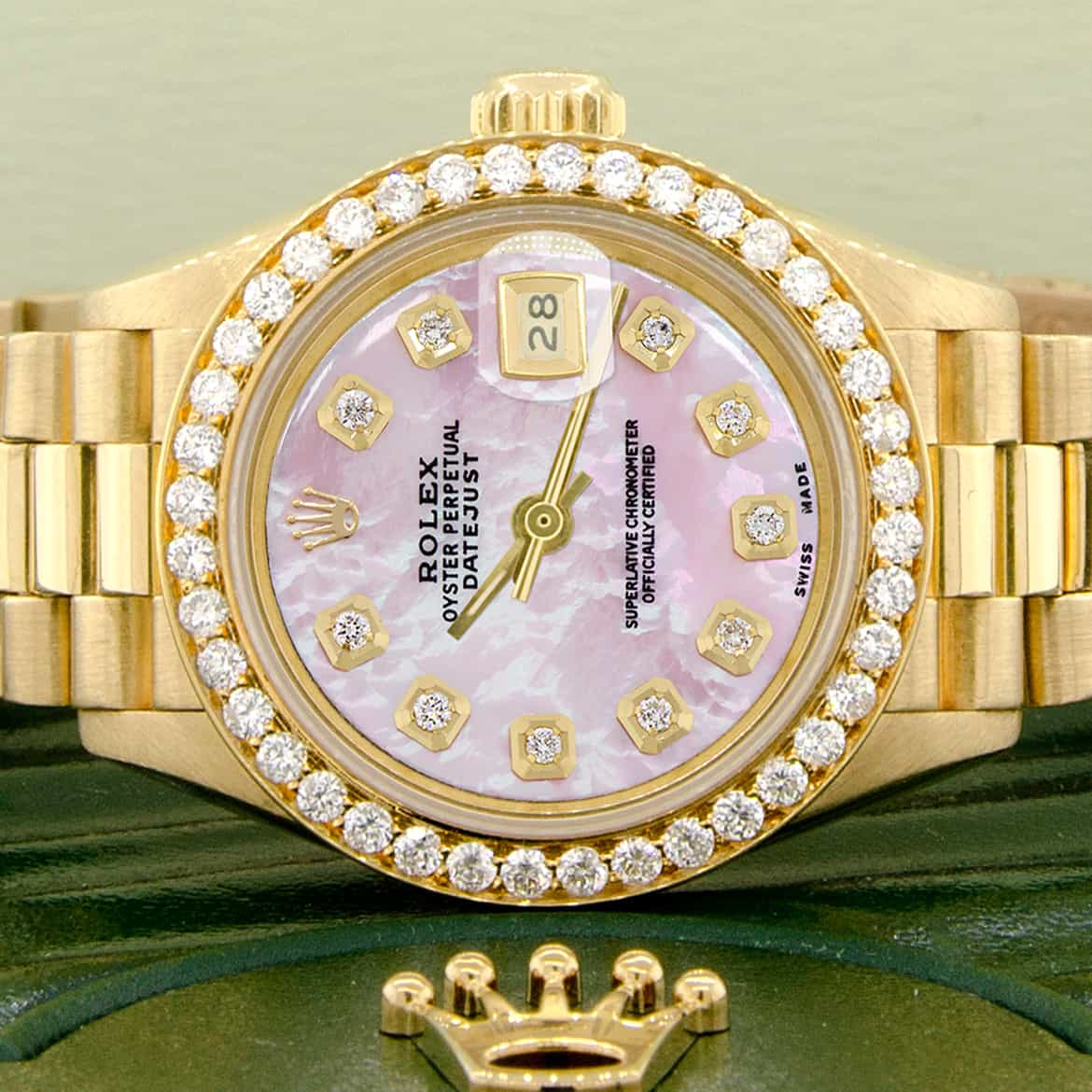 Rolex President Datejust Ladies 18K Yellow Gold 26MM Watch w/Pink MOP Dial & Diamond Bezel - Image 2