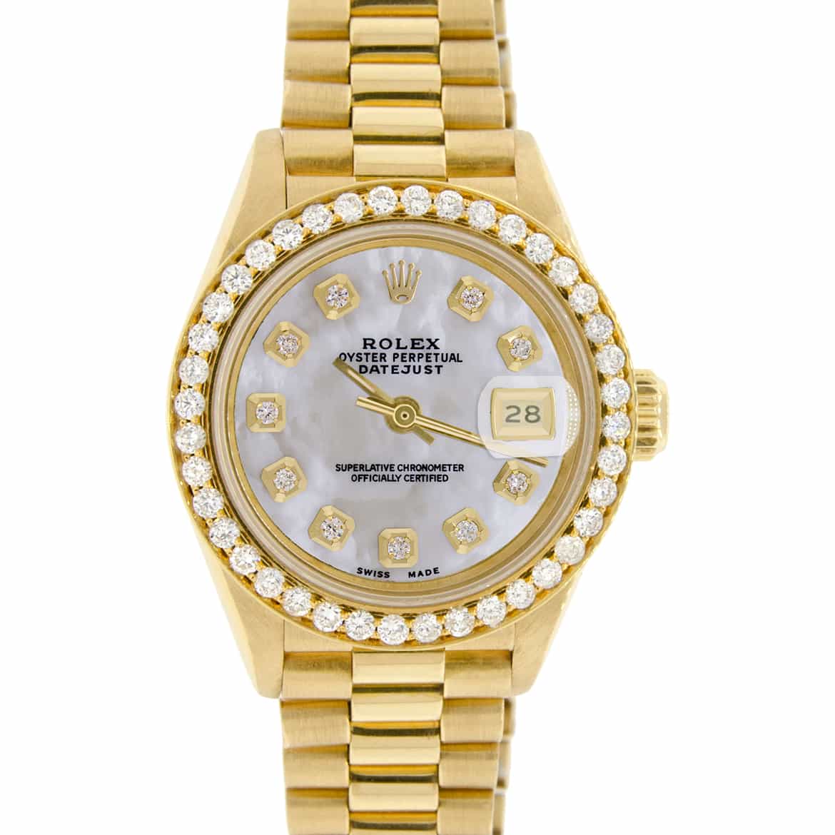 Rolex President Datejust Ladies 18K Yellow Gold 26MM Watch w/White MOP Dial & Diamond Bezel