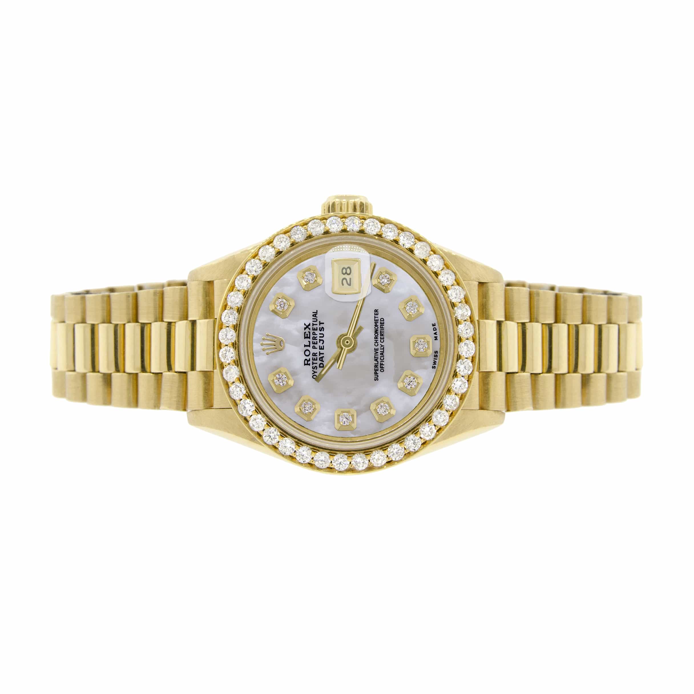 Rolex President Datejust Ladies 18K Yellow Gold 26MM Watch w/White MOP Dial & Diamond Bezel - Image 7