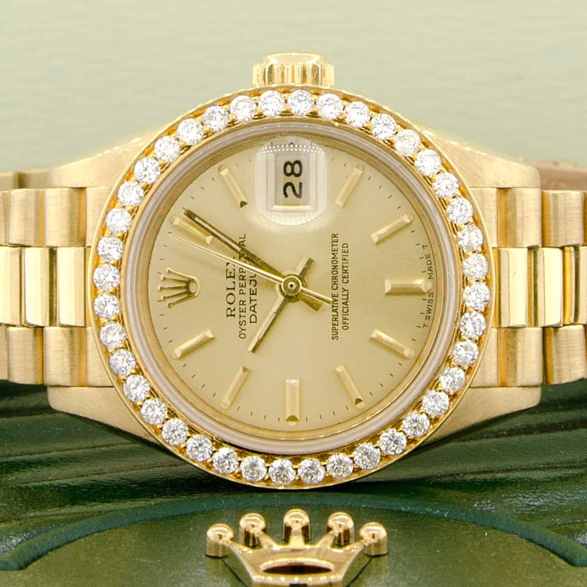 Rolex President Datejust Ladies 18K Yellow Gold 26MM Watch with Custom Diamond Bezel - Image 2