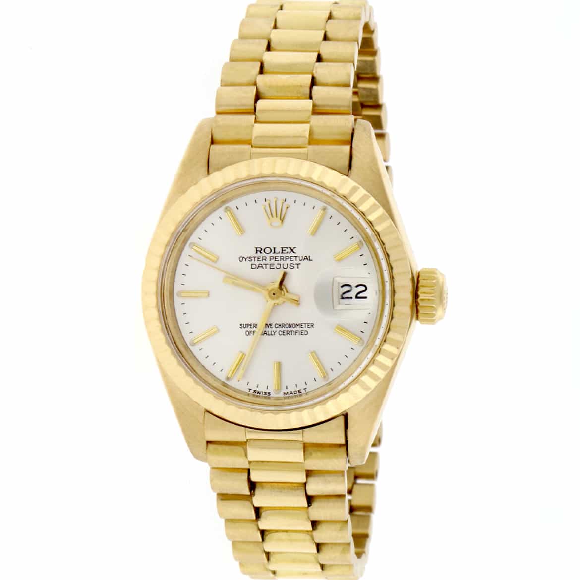 Rolex President Datejust Ladies 18K Yellow Gold Silver Stick Dial 26MM Automatic Watch 6917