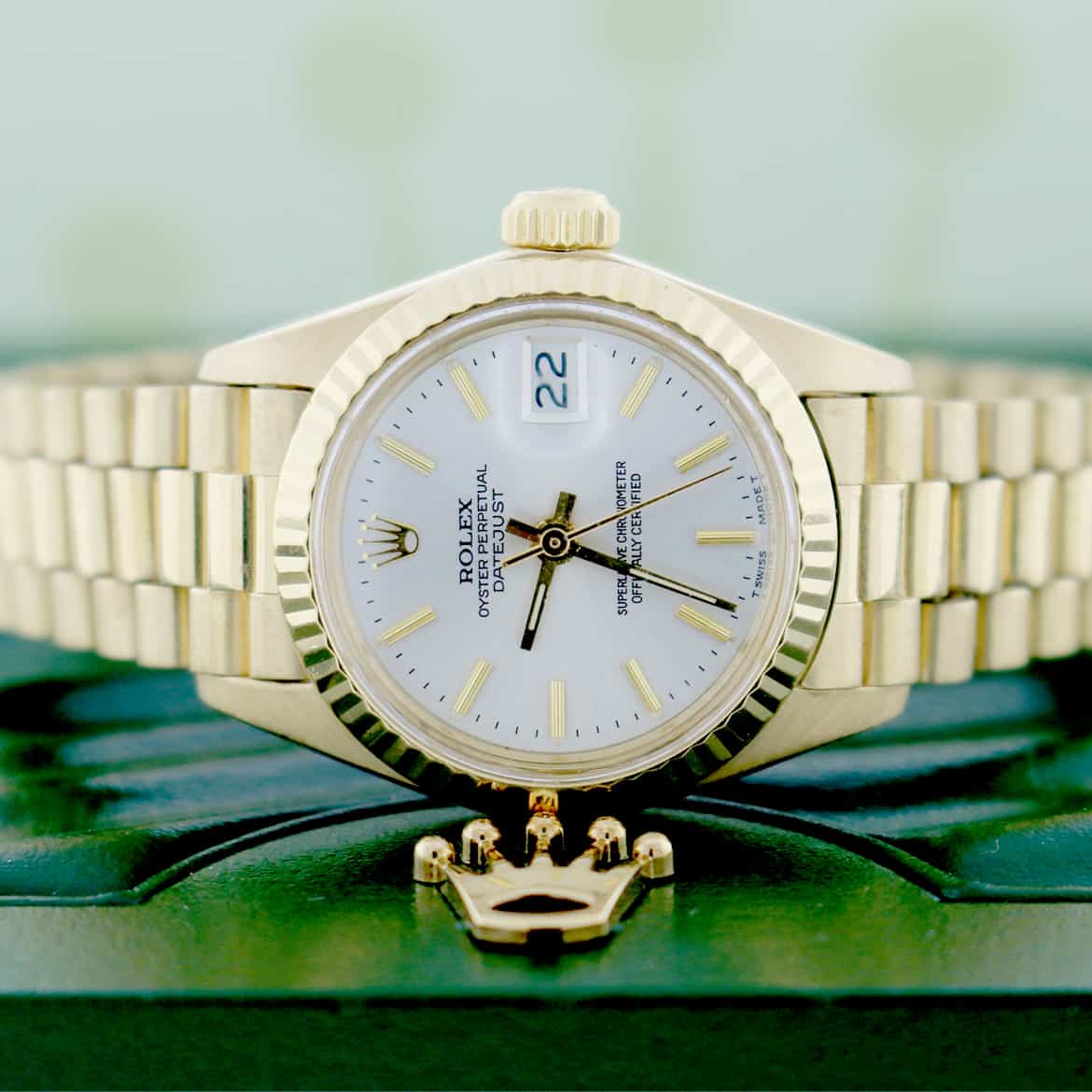 Rolex President Datejust Ladies 18K Yellow Gold Silver Stick Dial 26MM Automatic Watch 6917 - Image 2