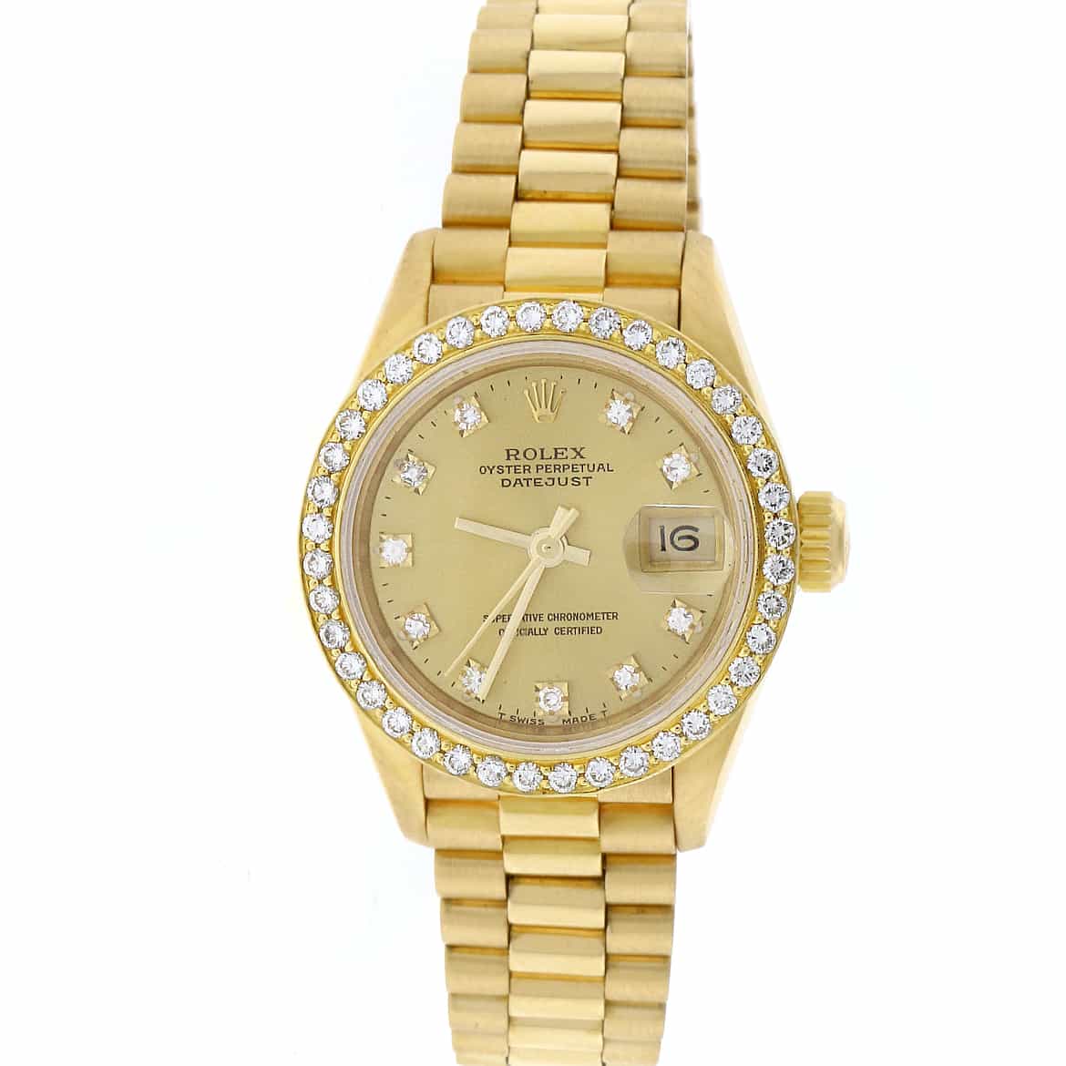 Rolex President Datejust Ladies Original Champagne Diamond Dial 18K Yellow Gold 26MM Watch w/Diamond Bezel 69178