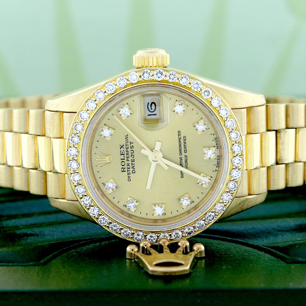 Rolex President Datejust Ladies Original Champagne Diamond Dial 18K Yellow Gold 26MM Watch w/Diamond Bezel 69178 - Image 2