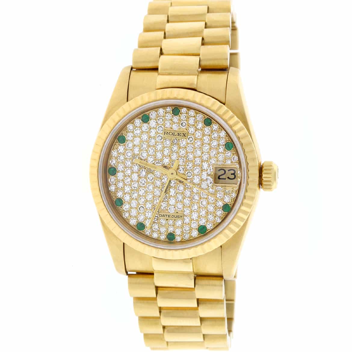 Rolex President Datejust Midsize 18K Yellow Gold 31MM Automatic Watch 68278 w/Diamond & Emerald Dial