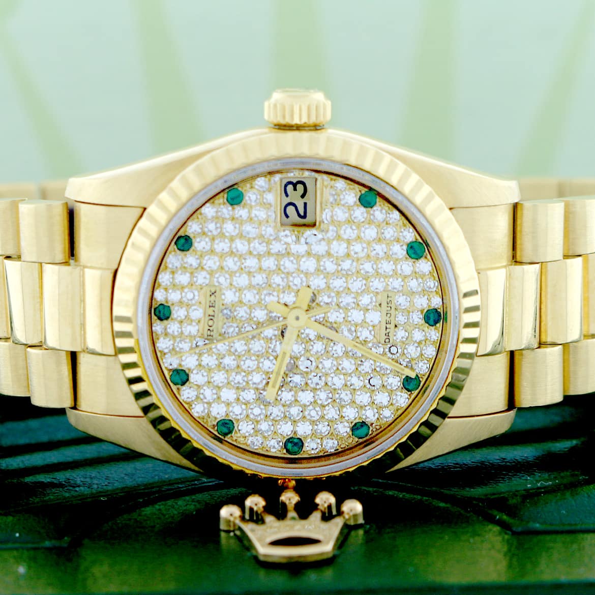 Rolex President Datejust Midsize 18K Yellow Gold 31MM Automatic Watch 68278 w/Diamond & Emerald Dial - Image 2