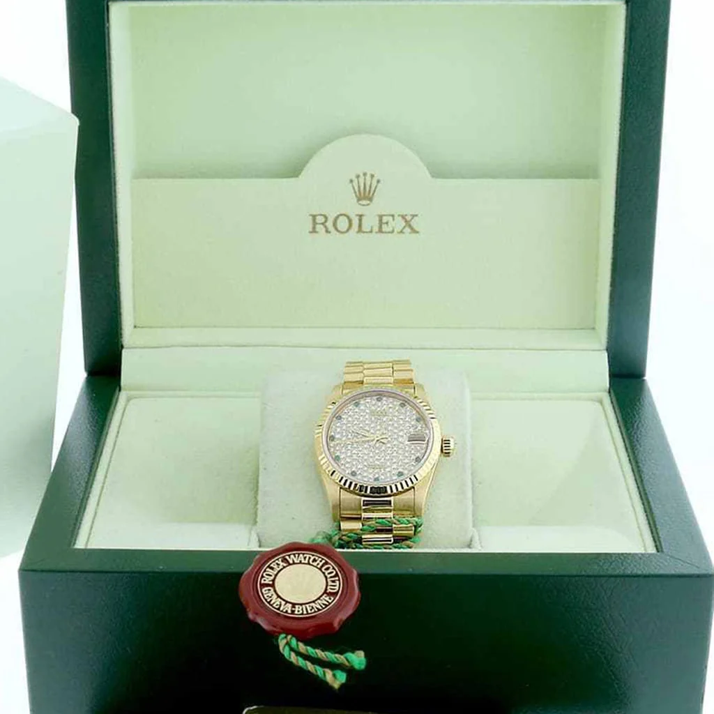 Rolex President Datejust Midsize 18K Yellow Gold 31MM Automatic Watch 68278 w/Diamond & Emerald Dial - Image 3