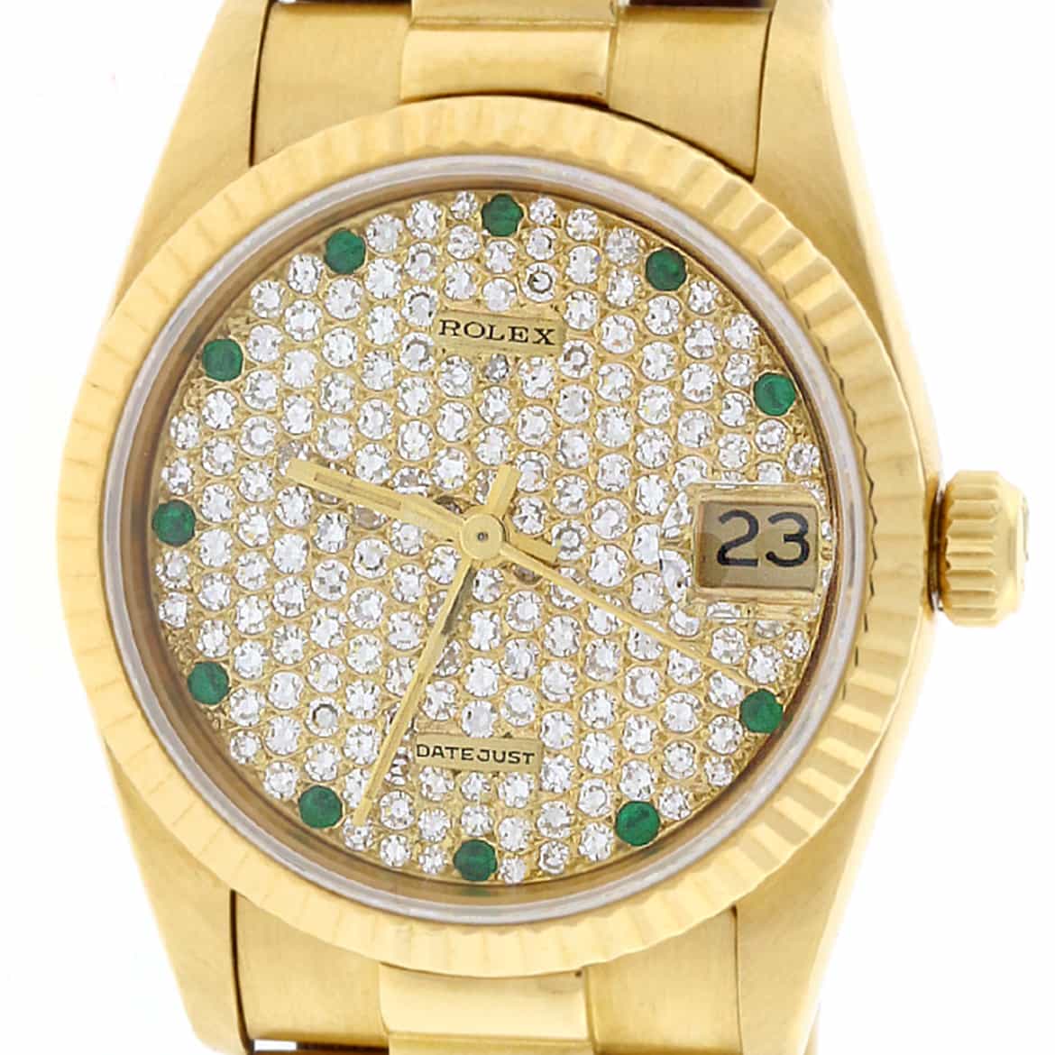 Rolex President Datejust Midsize 18K Yellow Gold 31MM Automatic Watch 68278 w/Diamond & Emerald Dial - Image 5