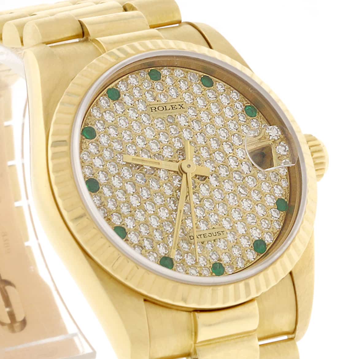 Rolex President Datejust Midsize 18K Yellow Gold 31MM Automatic Watch 68278 w/Diamond & Emerald Dial - Image 8