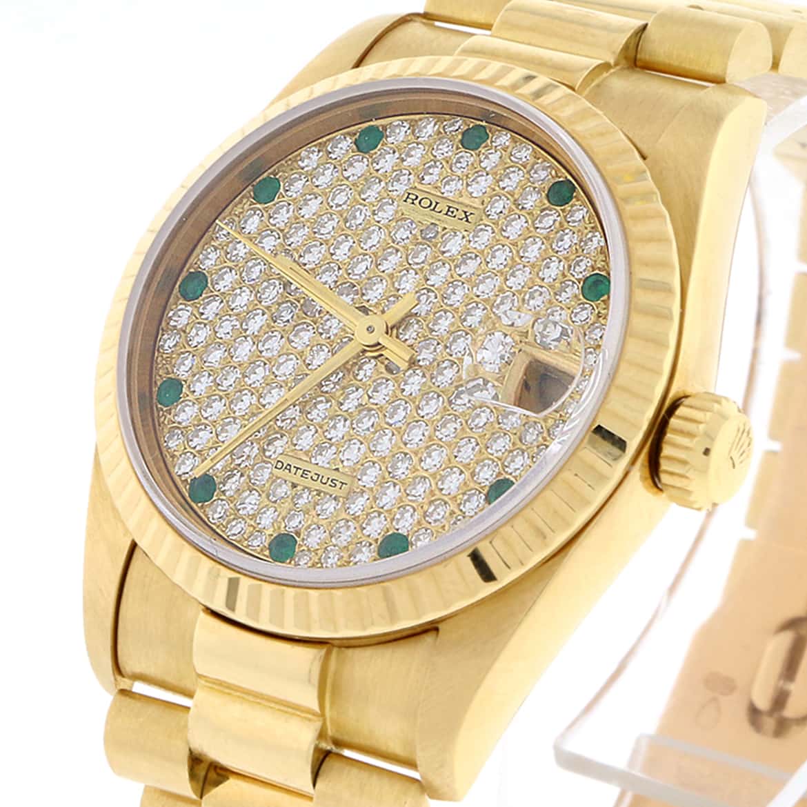 Rolex President Datejust Midsize 18K Yellow Gold 31MM Automatic Watch 68278 w/Diamond & Emerald Dial - Image 9