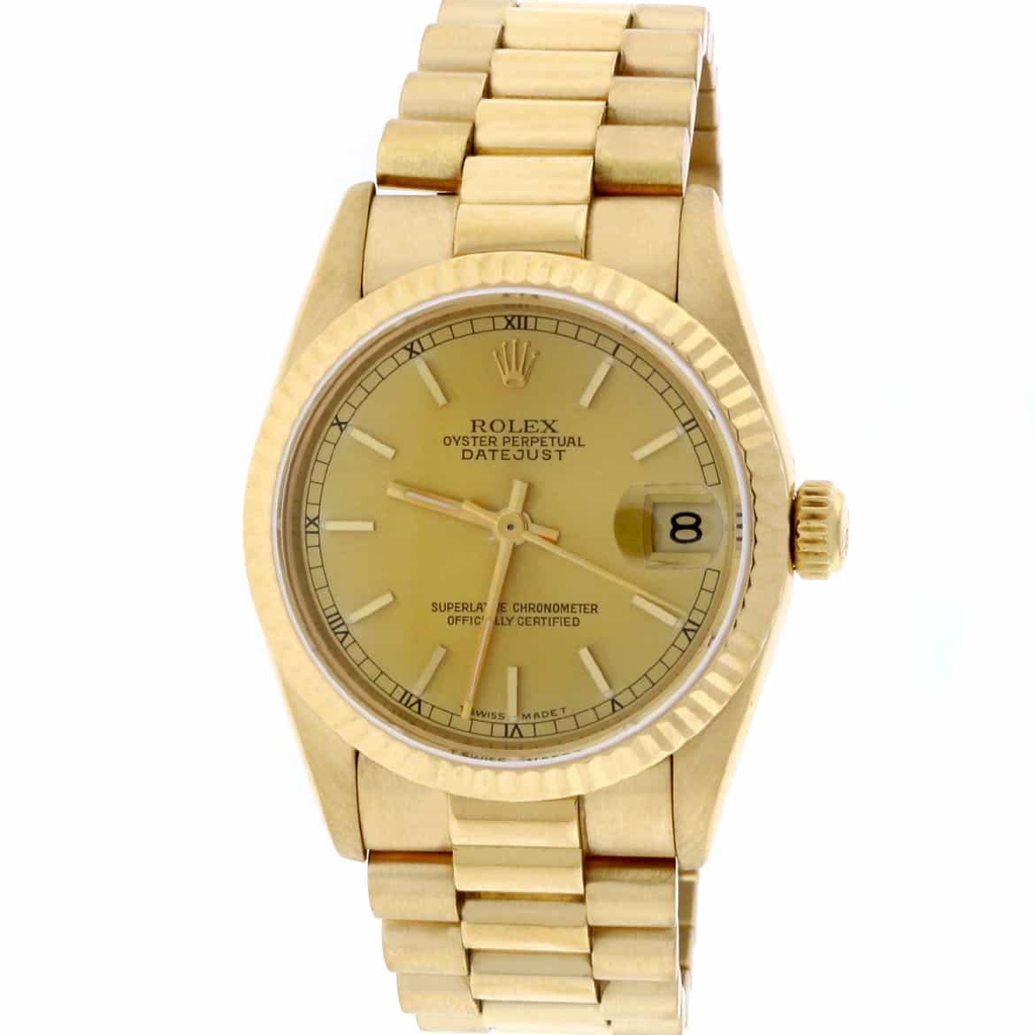 Rolex President Datejust Midsize 18K Yellow Gold Factory Champagne Stick Dial 31MM Watch 68278