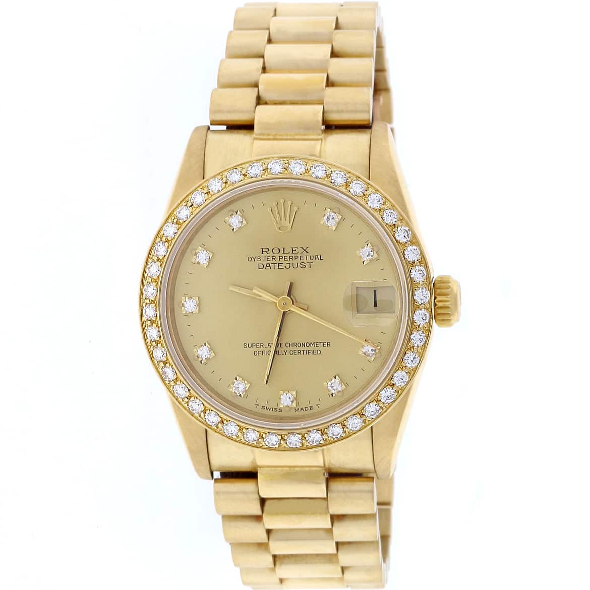 Rolex President Datejust Midsize 18K Yellow Gold Factory Diamond Dial 31MM Watch 68278 w/Diamond Bezel