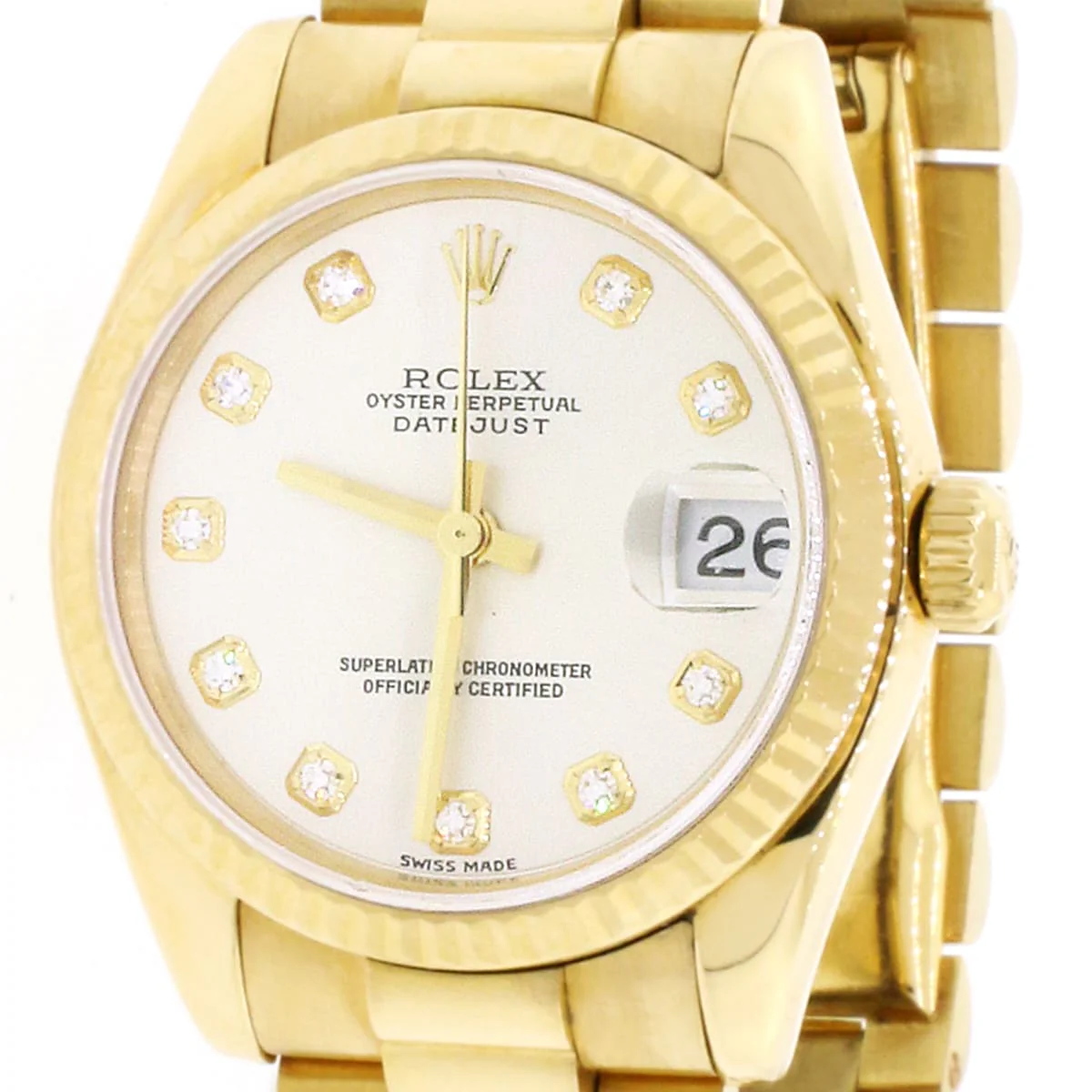 Rolex President Datejust 31mm Midsize 18K Yellow Gold Rolex Silver Diamond Dial Fluted Bezel Automatic Watch 178248 - Image 6