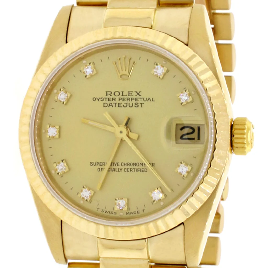 Rolex President Datejust Midsize 18K Yellow Gold Original Champagne Diamond Dial 31MM Automatic Watch 68278 - Image 4
