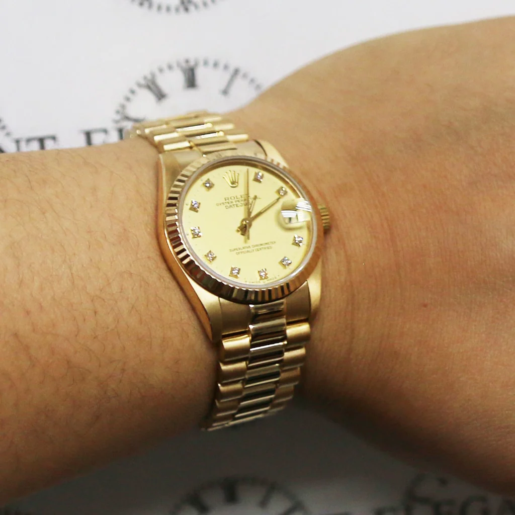 Rolex President Datejust Midsize 18K Yellow Gold Original Champagne Diamond Dial 31MM Automatic Watch 68278 - Image 6