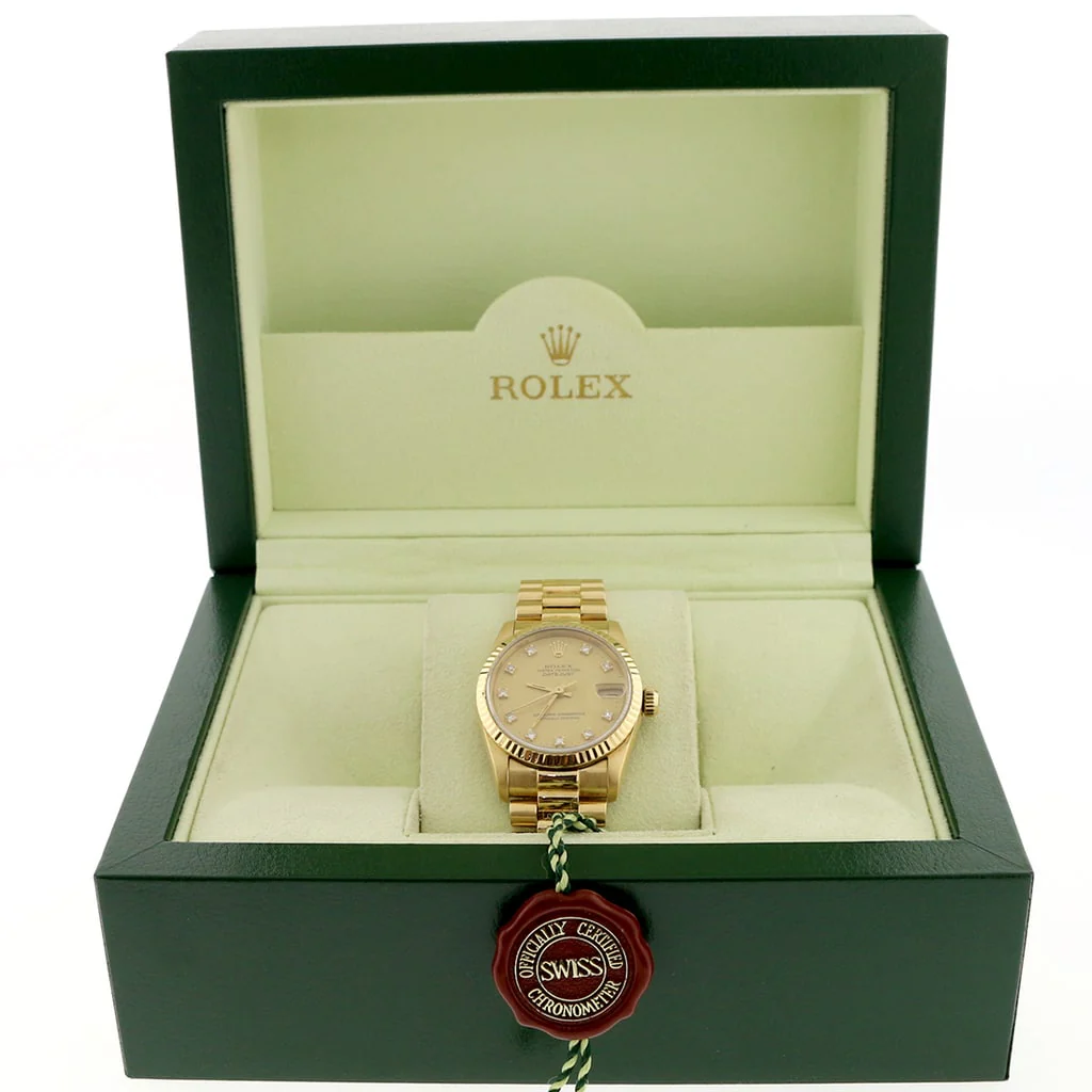 Rolex President Datejust Midsize 18K Yellow Gold Original Champagne Diamond Dial 31MM Automatic Watch 68278 - Image 3