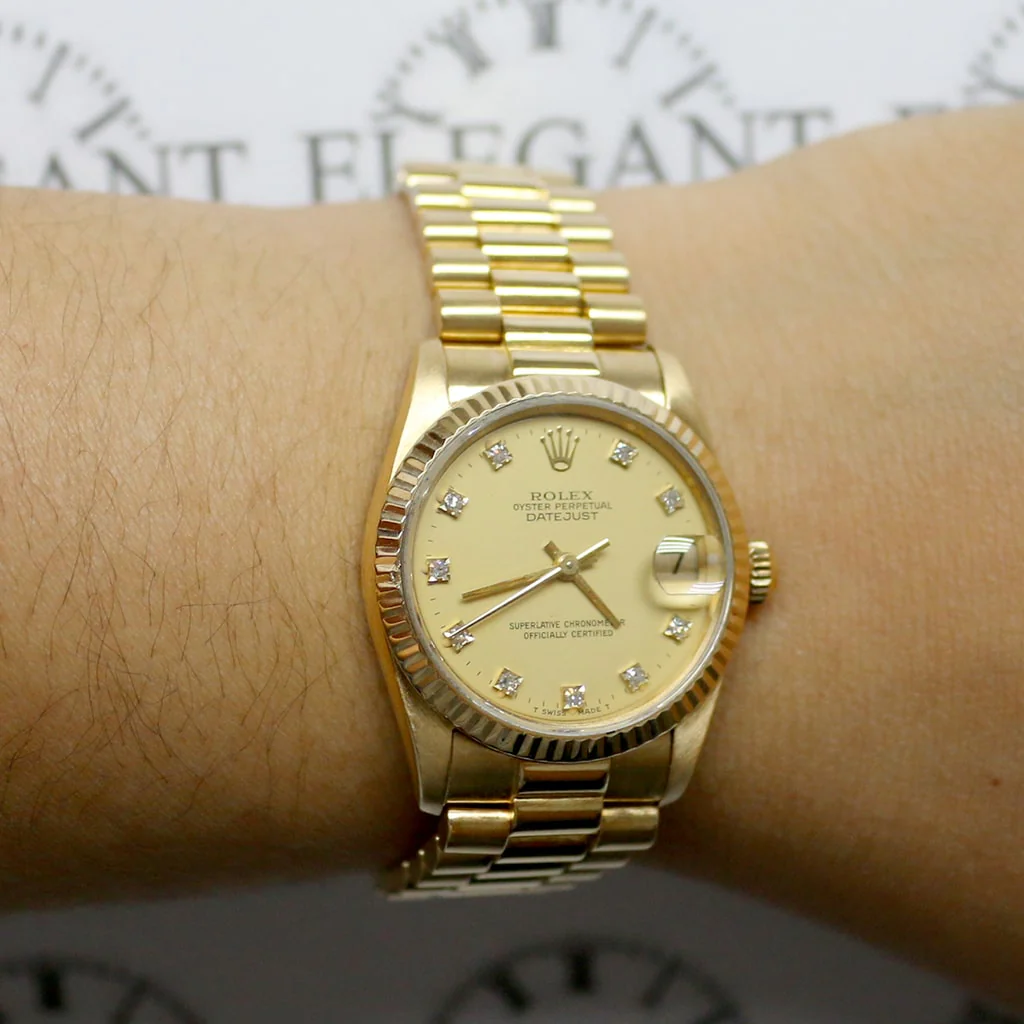 Rolex President Datejust Midsize 18K Yellow Gold Original Champagne Diamond Dial 31MM Automatic Watch 68278 - Image 8