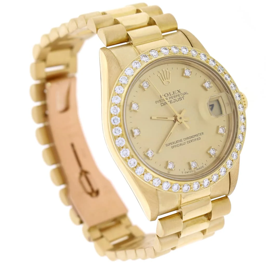 Rolex President Datejust Midsize 18K Yellow Gold Original Champagne Diamond Dial 31MM Automatic Watch 68278 w/Diamond Bezel - Image 10