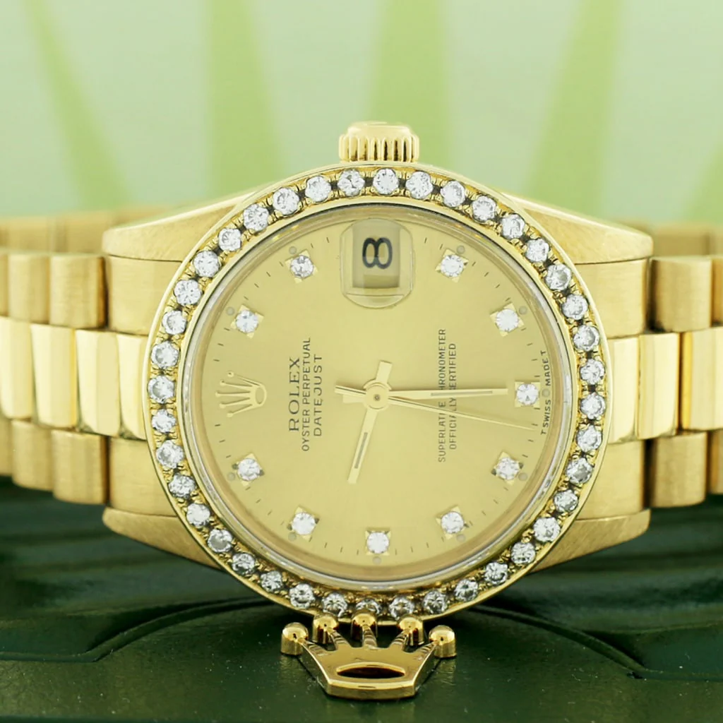 Rolex President Datejust Midsize 18K Yellow Gold Original Champagne Diamond Dial 31MM Automatic Watch 68278 w/Diamond Bezel - Image 2
