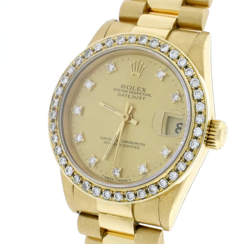 Rolex President Datejust Midsize 18K Yellow Gold Original Champagne Diamond Dial 31MM Automatic Watch 68278 w/Diamond Bezel - Image 3