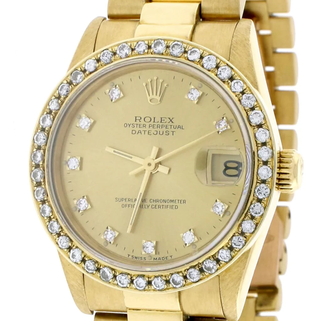 Rolex President Datejust Midsize 18K Yellow Gold Original Champagne Diamond Dial 31MM Automatic Watch 68278 w/Diamond Bezel - Image 4