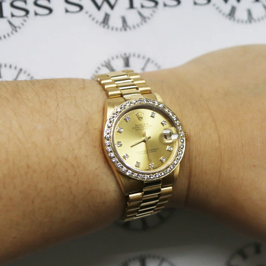 Rolex President Datejust Midsize 18K Yellow Gold Original Champagne Diamond Dial 31MM Automatic Watch 68278 w/Diamond Bezel - Image 8