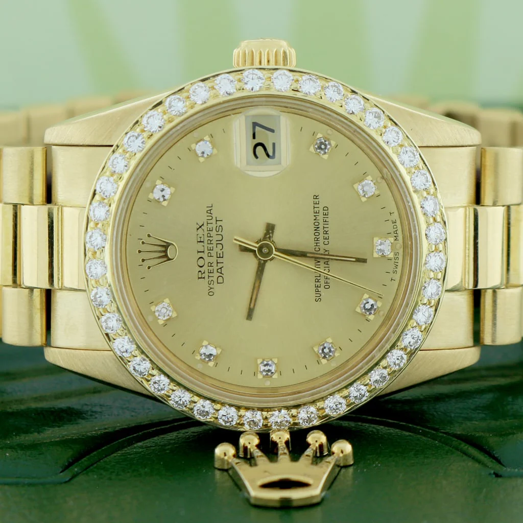 Rolex President Datejust Midsize 18K Yellow Gold Original Champagne Diamond Dial 31MM Automatic Watch 68278 w/Diamond Bezel - Image 2