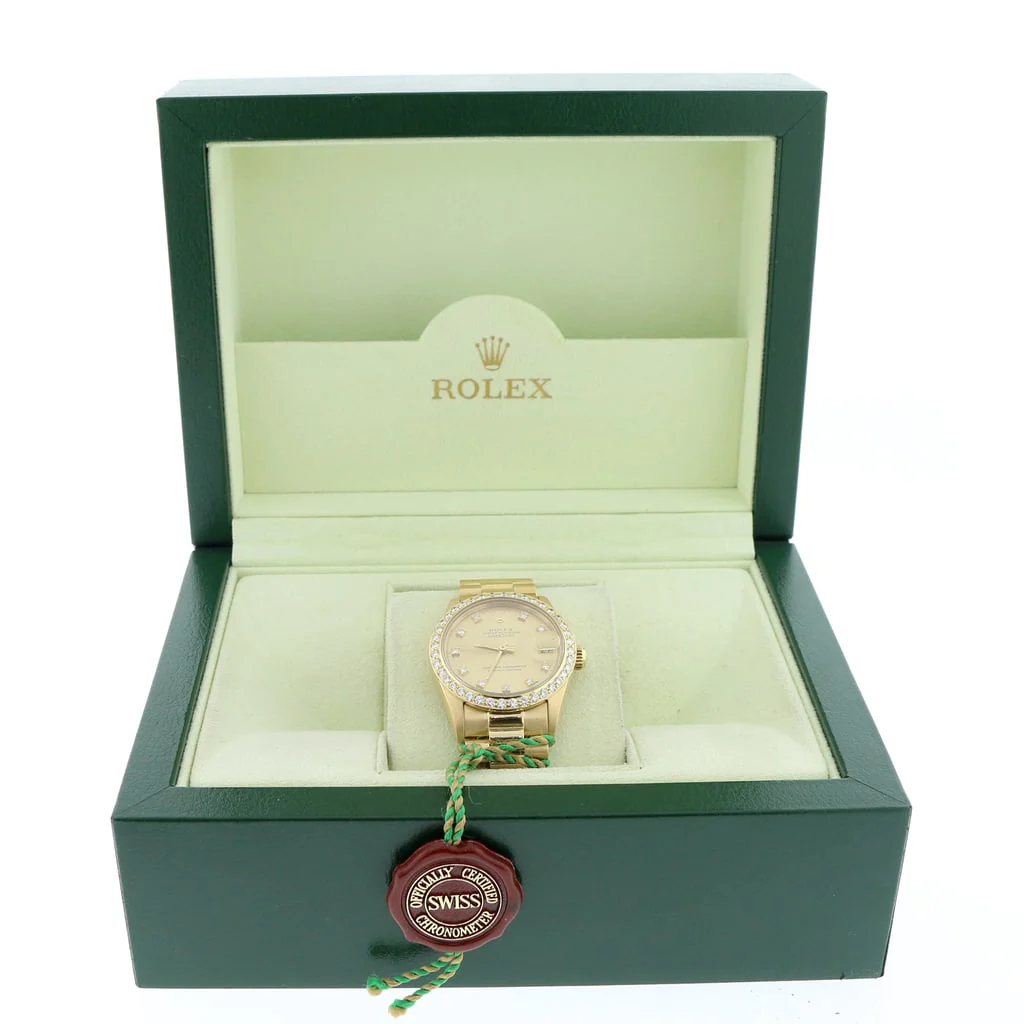 Rolex President Datejust Midsize 18K Yellow Gold Original Champagne Diamond Dial 31MM Automatic Watch 68278 w/Diamond Bezel - Image 3