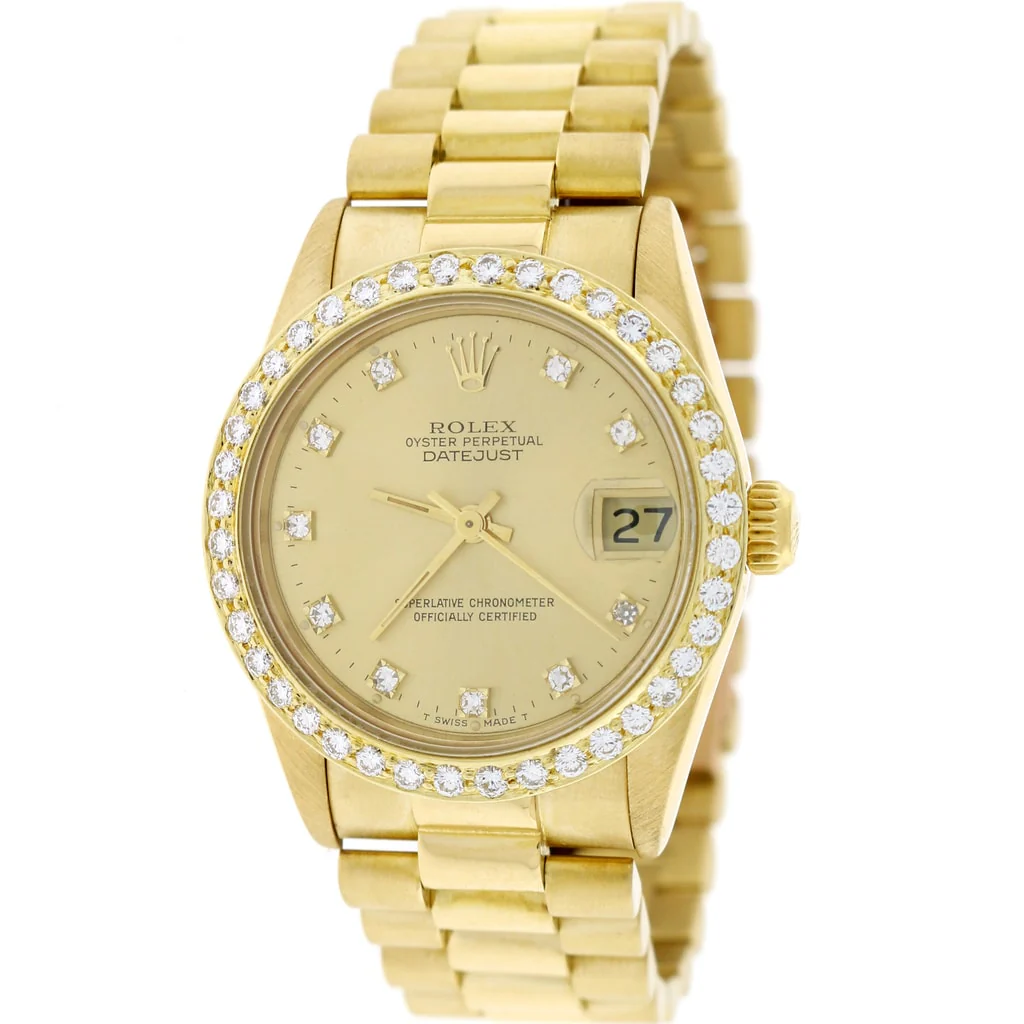 Rolex President Datejust Midsize 18K Yellow Gold Original Champagne Diamond Dial 31MM Automatic Watch 68278 w/Diamond Bezel - Image 5